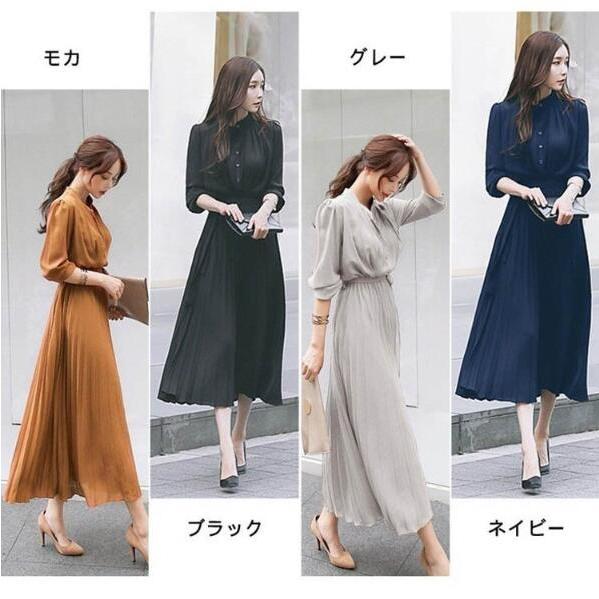 ワンピース レデイース ロング丈 長袖 プリーツ フレア シフォン