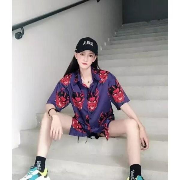 在庫限り鬼シャツ 半袖 ピンク パープル ロングシャツ ビッグ