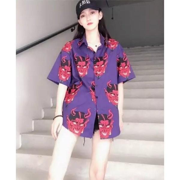 在庫限り鬼シャツ 半袖 ピンク パープル ロングシャツ ビッグ