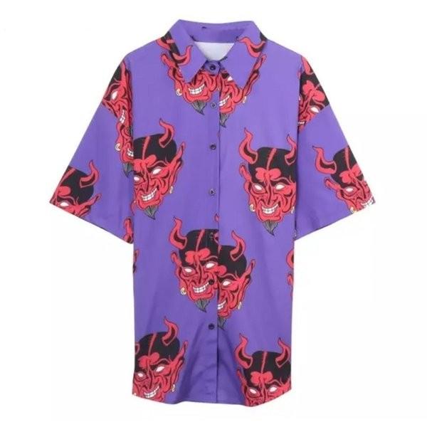 在庫限り鬼シャツ 半袖 ピンク パープル ロングシャツ ビッグ