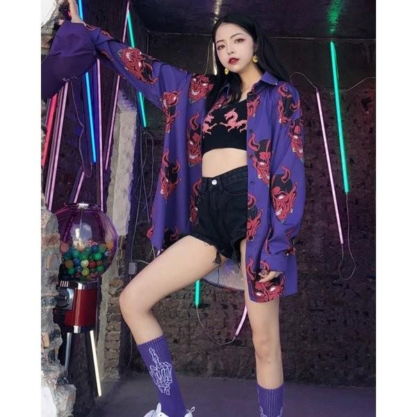 在庫限り鬼シャツ 長袖 ピンク パープル ロングシャツ ビッグ