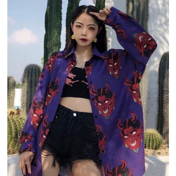 在庫限り鬼シャツ 長袖 ピンク パープル ロングシャツ ビッグ