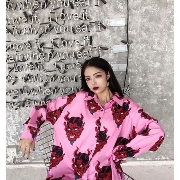 在庫限り鬼シャツ 長袖 ピンク パープル ロングシャツ ビッグ