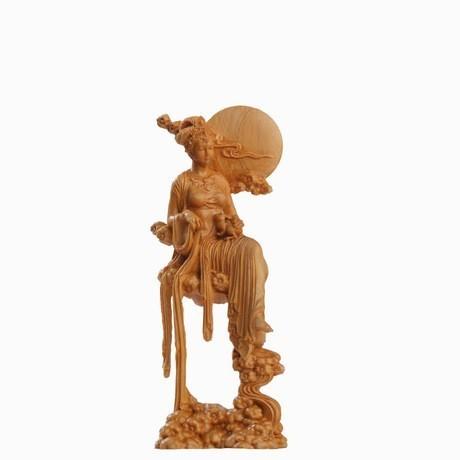 月の神 嫦娥 中秋 置物 木彫り 天女像 中国神話人物 手作り 美術品