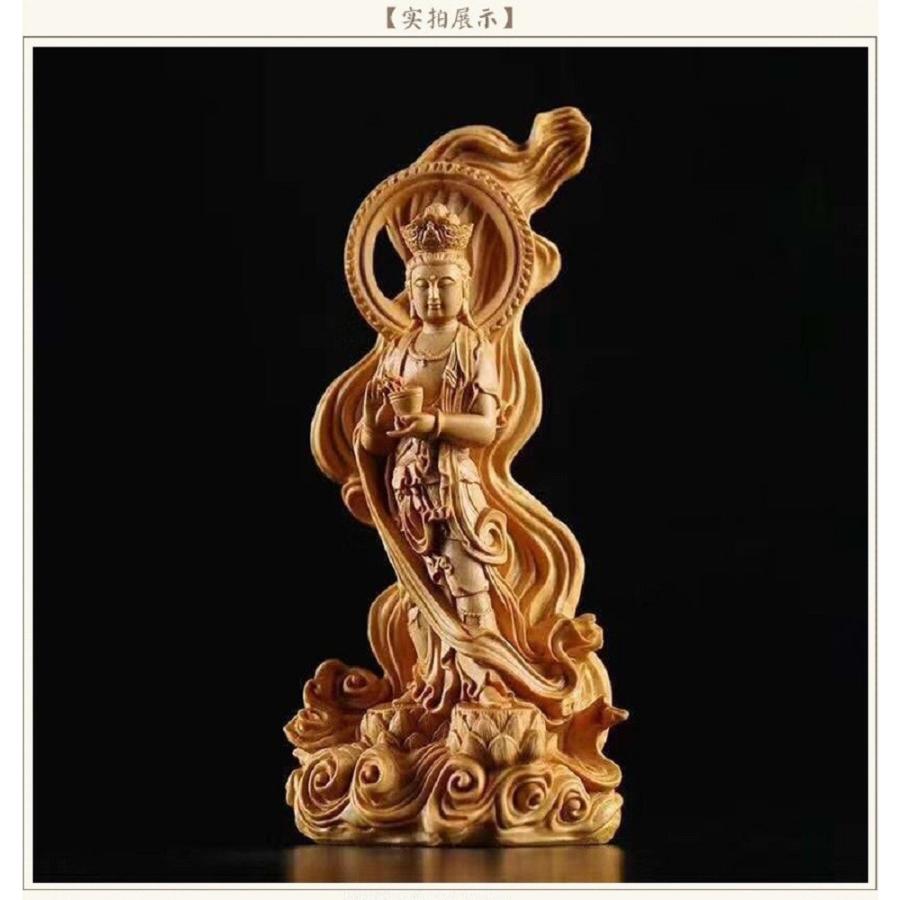茶碗 後光 透かし背景 数珠 観音像 観音菩薩 立像 木彫り 仏像 置物
