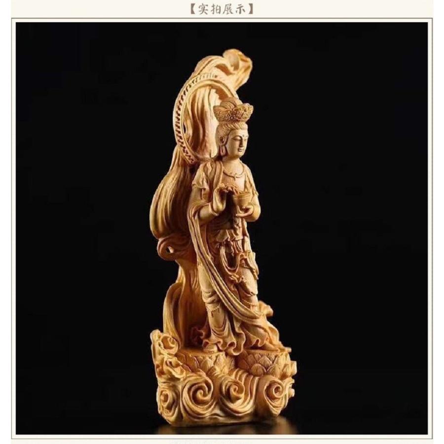 茶碗 後光 透かし背景 数珠 観音像 観音菩薩 立像 木彫り 仏像 置物