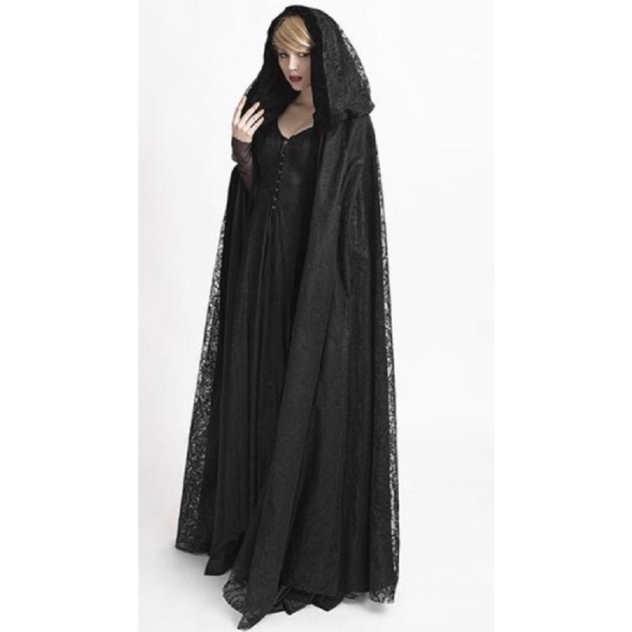 【新品】黒ローブ 魔女　ハロウィン　コスプレ　フード付き ドレス　羽織り 女性用 ハロウィン コスプレ パーティー 即納 黒ローブ 魔女 フード付き