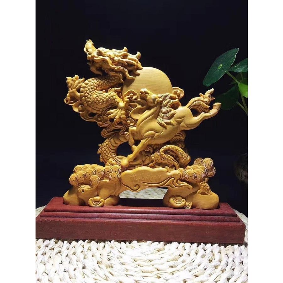 龍馬精神 木彫りドラゴン 置物 風水 立像 高級天然ツゲ 風水グッズ 金