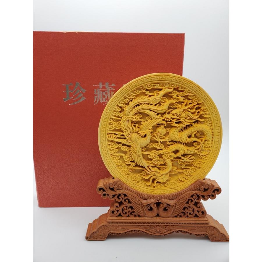 龍 鳳凰 皿 極上彫りお皿型龍神＆鳳凰彫り直径約145mm 台付き 木彫り