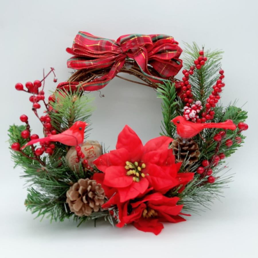 クリスマスリース 35cm×35cm 赤リボン Xmas リース 造花 花輪 クリスマスリース 35cm×35cm 赤リボン Xmas リース 造花 花輪