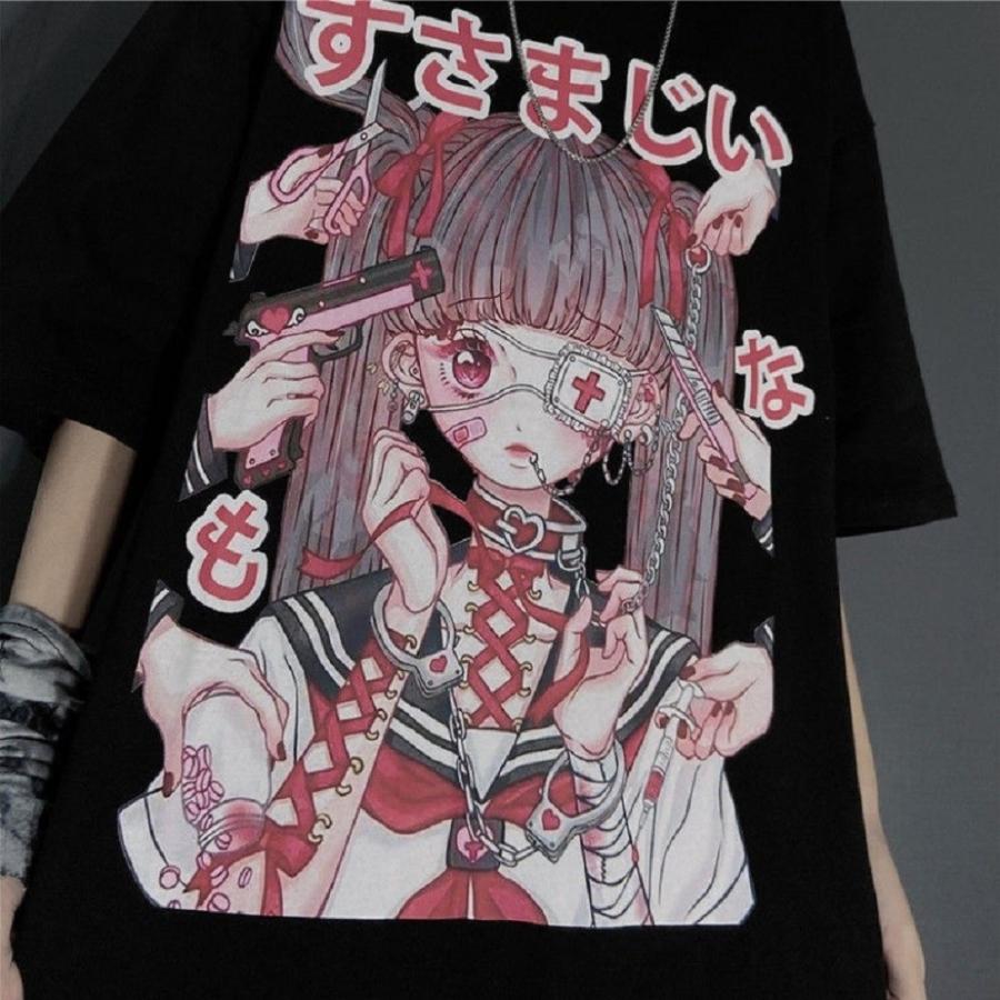 トップス Tシャツ すさまじい レディース 病みかわ 韓国ファッション オルチャン 韓流 ゴシック ユニセックス ハート ツインテール