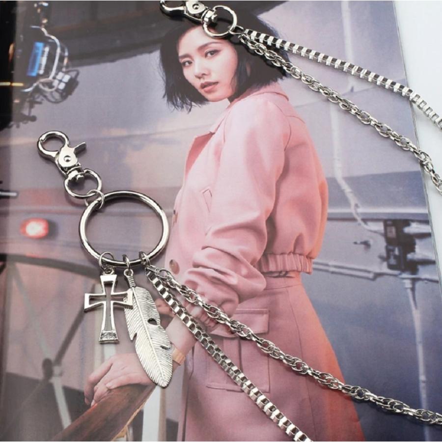 ウォレットチェーン 2 2連チェーン 羽根 クロス 十字架 フェザー 韓国