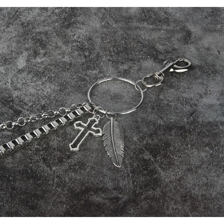 ウォレットチェーン 2 2連チェーン 羽根 クロス 十字架 フェザー 韓国