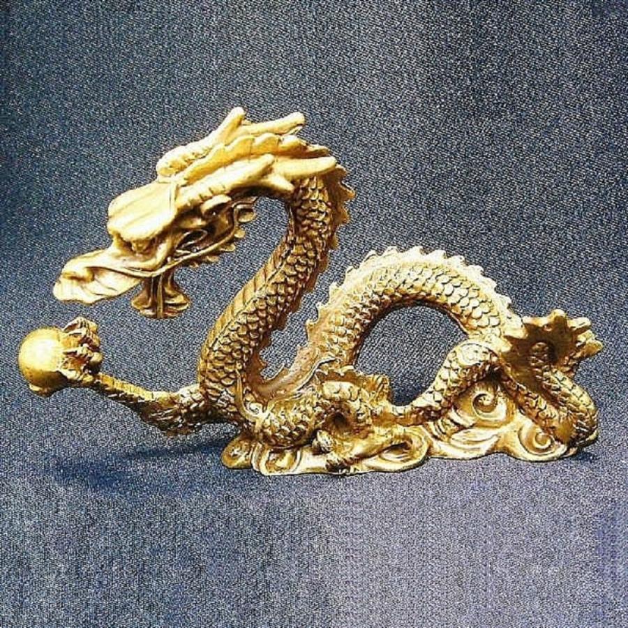 風水 右手に玉を持つ龍 2 五本爪 龍 竜 真鍮 ブロンズゴールド 龍の