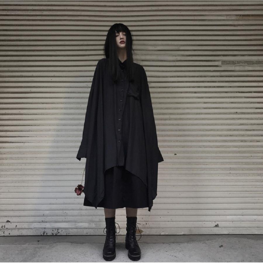 トップス ロングシャツ 変型 フレア ブラック 韓国ファッション ドレープ ロング フレア 黒 ブラック モード系 ビッグシルエット フリーサイズ