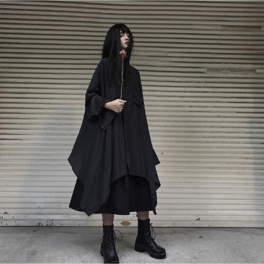トップス ロングシャツ 変型 フレア ブラック 韓国ファッション