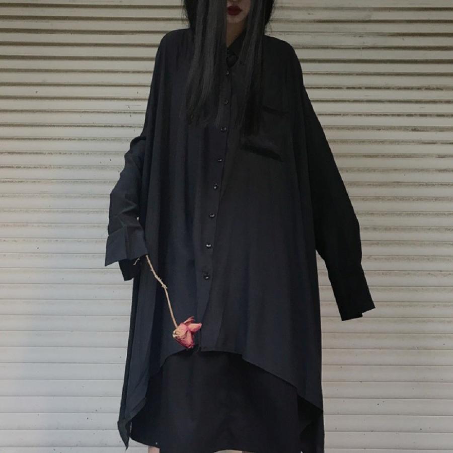 トップス ロングシャツ 変型 フレア ブラック 韓国ファッション ドレープ ロング フレア 黒 ブラック モード系 ビッグシルエット フリーサイズ トップス ロングシャツ 変型 フレア ブラック 韓国ファッション