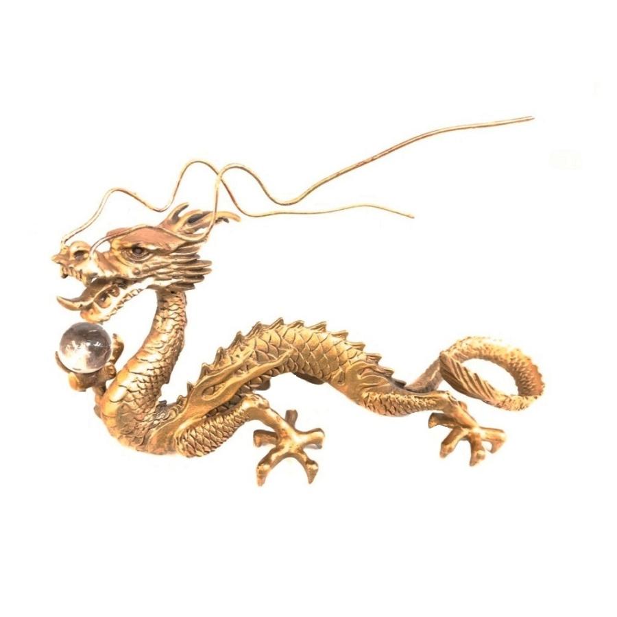 置物 龍 風水 長髭 右手に水晶を持つ龍 クリスタル 五本爪 竜 真鍮