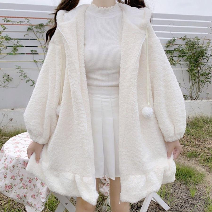パーカー うさみみ もこもこ ポンポン ホワイト ビッグシルエット 