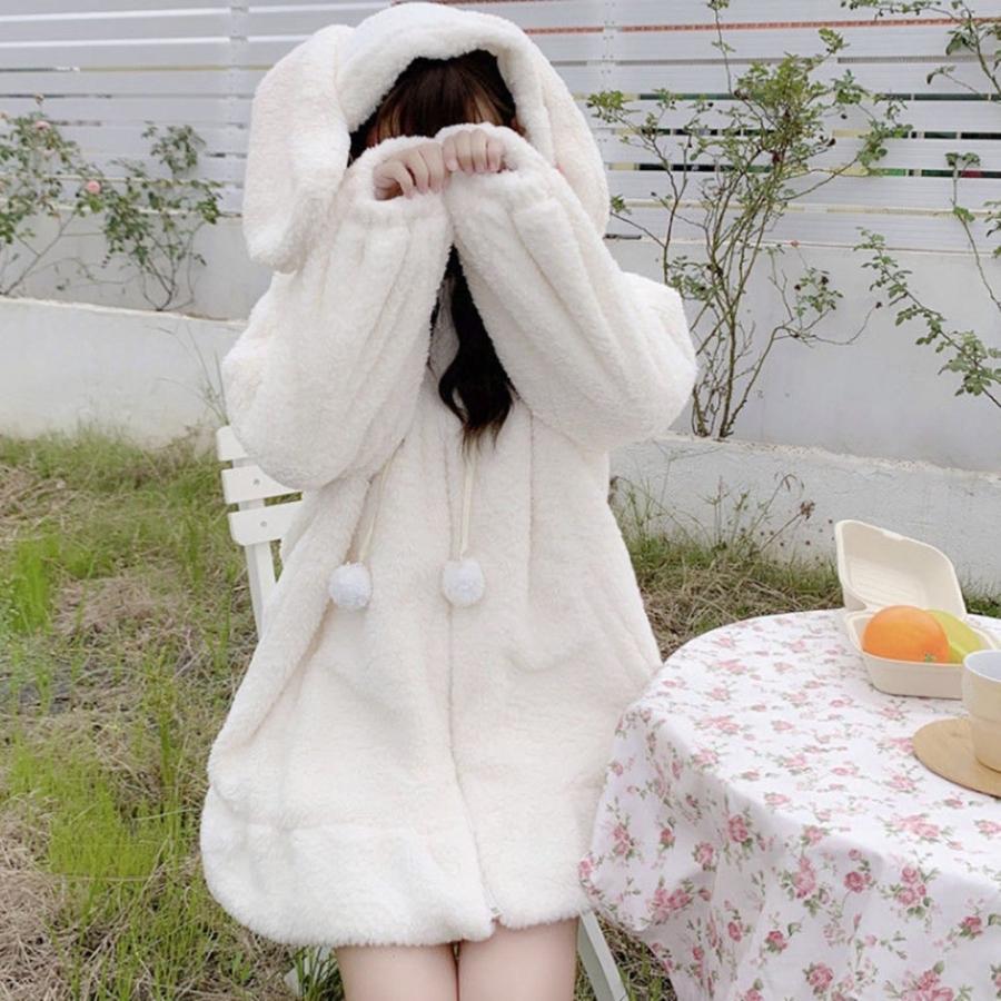 パーカー うさみみ もこもこ ポンポン ホワイト ビッグシルエット