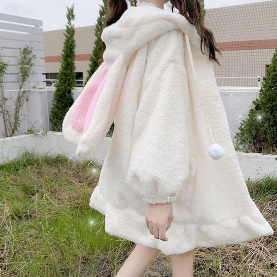 パーカー うさみみ もこもこ ポンポン ホワイト ビッグシルエット