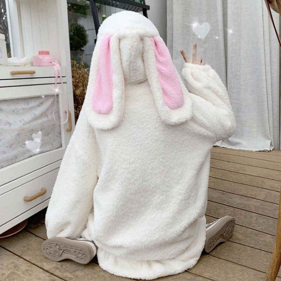 パーカー うさみみ もこもこ ポンポン ホワイト ビッグシルエット