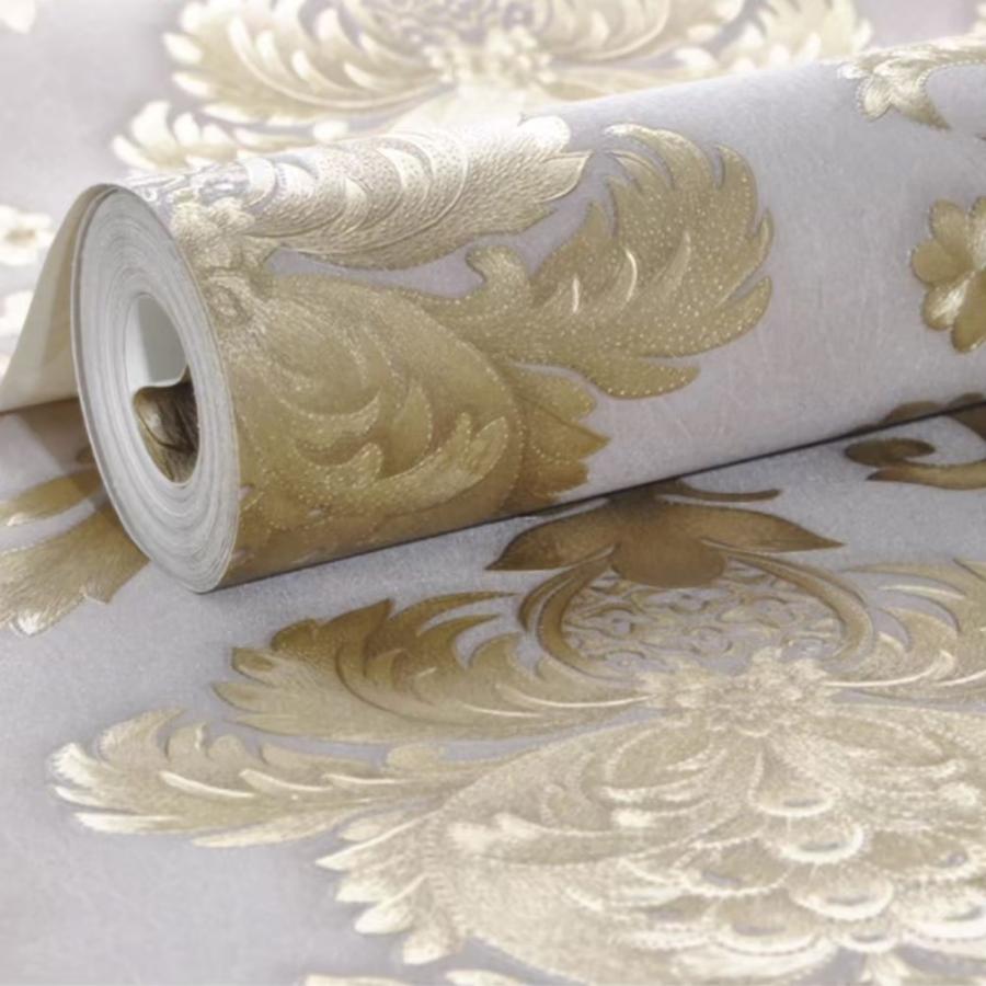 壁紙 ダマスク柄 オフホワイト ゴールド 3本セット 53cm 1000cm のりなしタイプ Diy 模様替え クロス ラグジュアリー 防音 リメイク シート リフォーム 壁紙
