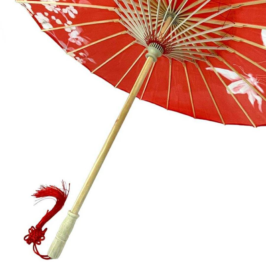 新品 日本製 赤と白のコントラストが美しい 上品和柄 高級長傘 UV加工 日傘 傘 和傘 赤 レッド 花と蝶 和風傘 かさ 木製 和風 和柄