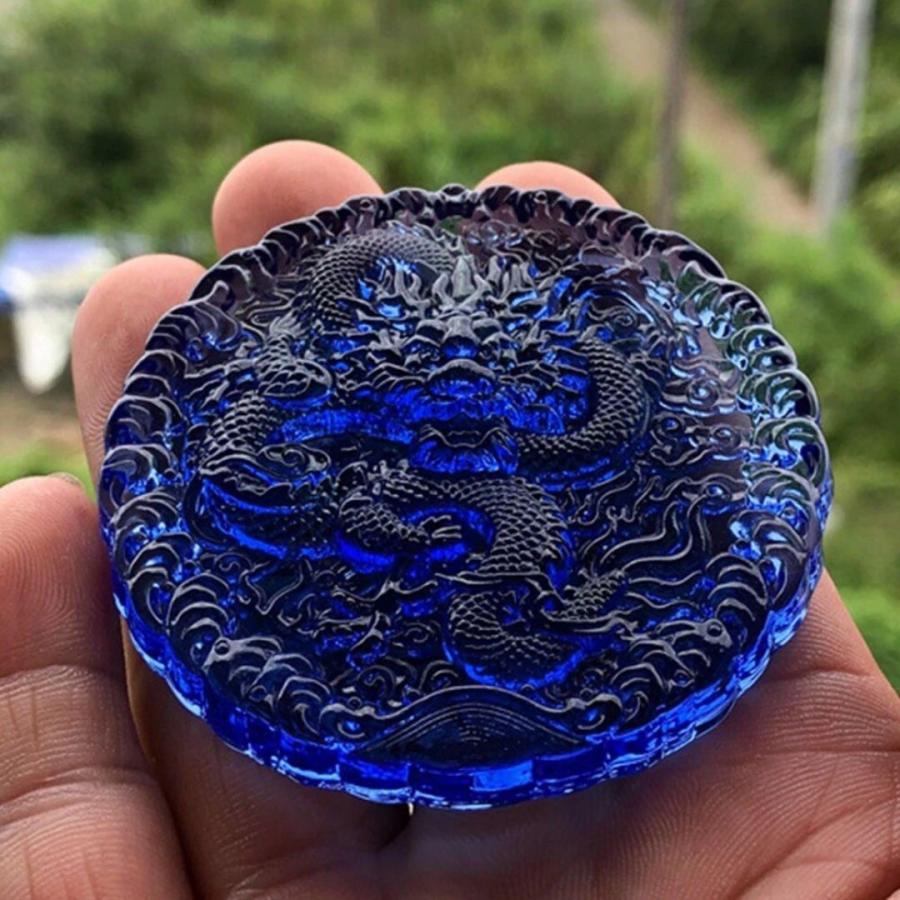 風水 四神獣 青龍 ブルークリスタル 置物 ドラゴンキング 刻印 黄金
