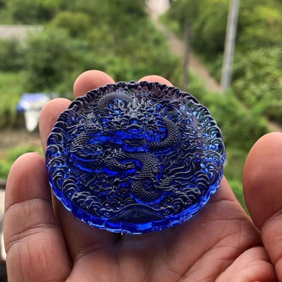風水 四神獣 青龍 ブルークリスタル 置物 ドラゴンキング 刻印 黄金