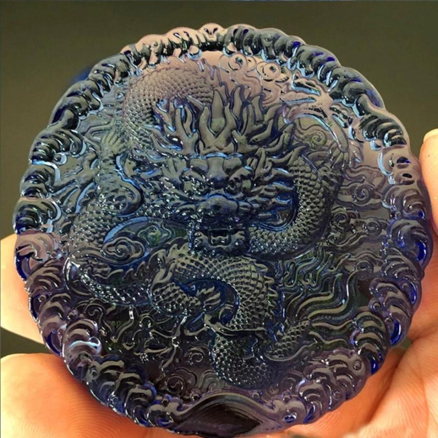 風水 四神獣 青龍 ブルークリスタル 置物 ドラゴンキング 刻印 黄金