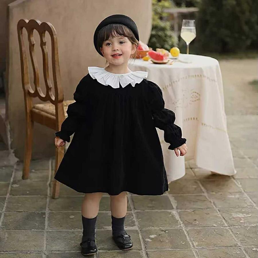 フォーマル 黒 ワンピース 女の子 襟 フリル ギャザースリーブ コード