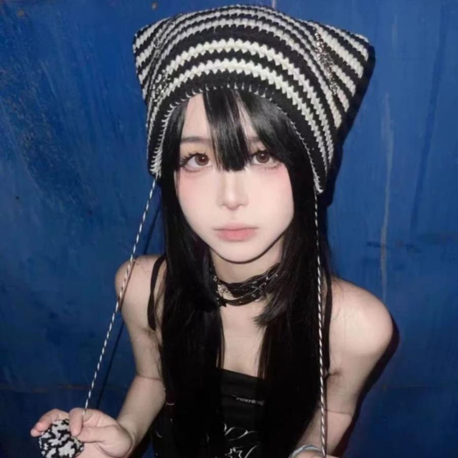 帽子 猫耳 シマシマニット帽 ポンポン付き 全3カラー 男女兼用 防寒