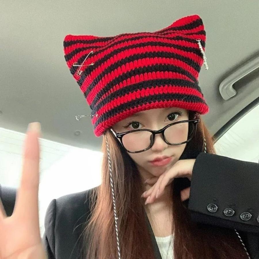 パンク系猫耳ニット帽 即納 サブカル系 猫耳 パンク ニット帽 ユニセックス 闇かわいい｜天使
