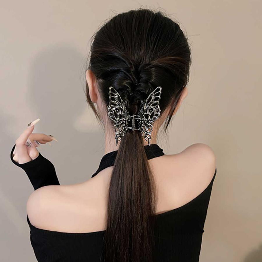 ヘアアクセサリー 黒蝶 ヘアクリップ 挟むタイプ 髪留め シルバー