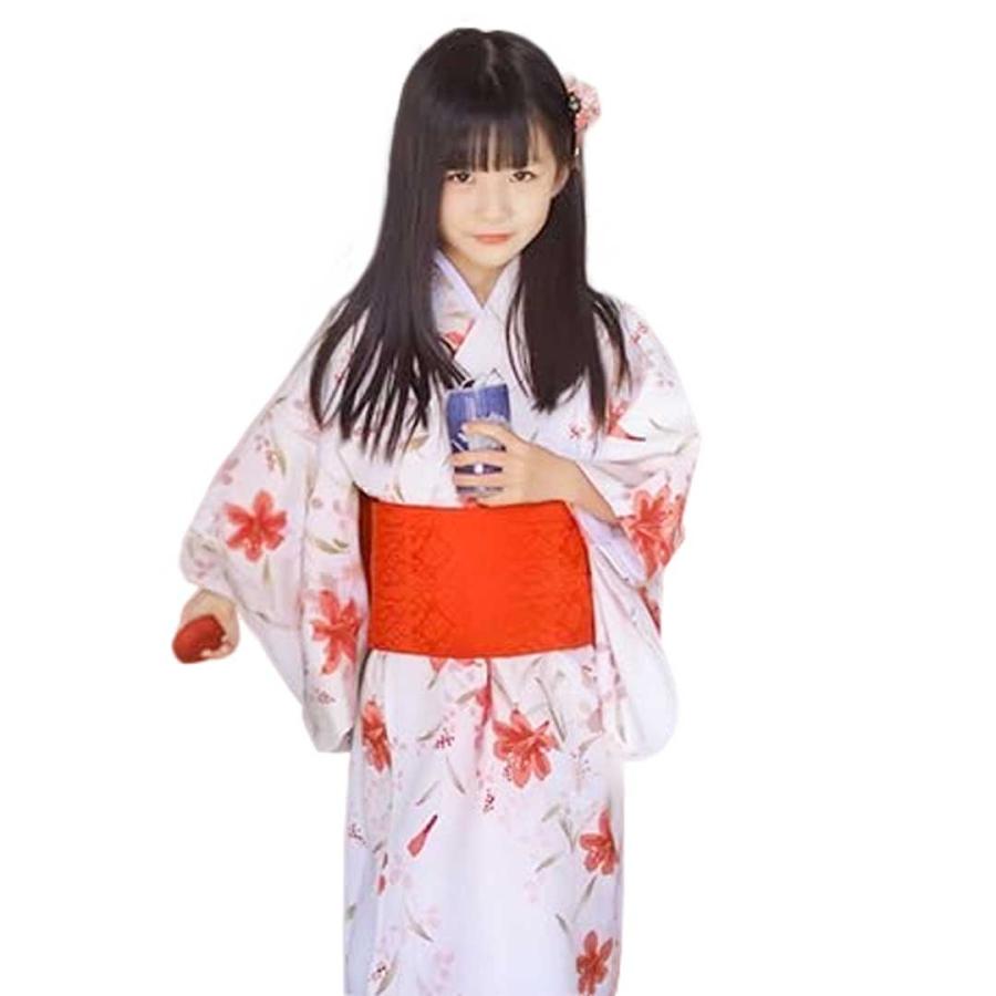 子供用 赤い花の着物 浴衣+襦袢+帯 3点セット 着物 浴衣 高級感 品質