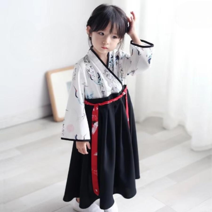 子供用着物セット 鶴デザイン 子供用 鶴の着物 チャイナ着物 中国着物 漢服 コスプレ 上下セット 100