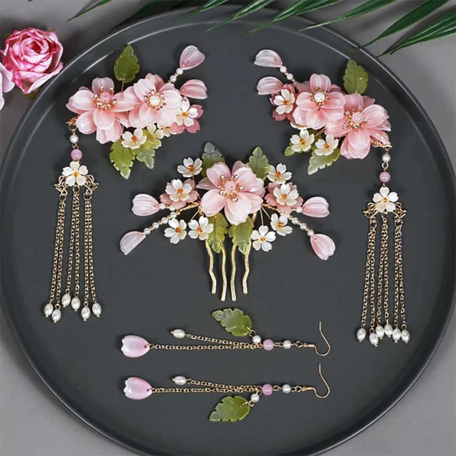 mii様order髪飾り　 〜儚いピンクのイヤリングとset♡〜 ヘアアクセサリー 桜の花 ピンクの髪飾り 【5点セット】 髪飾り