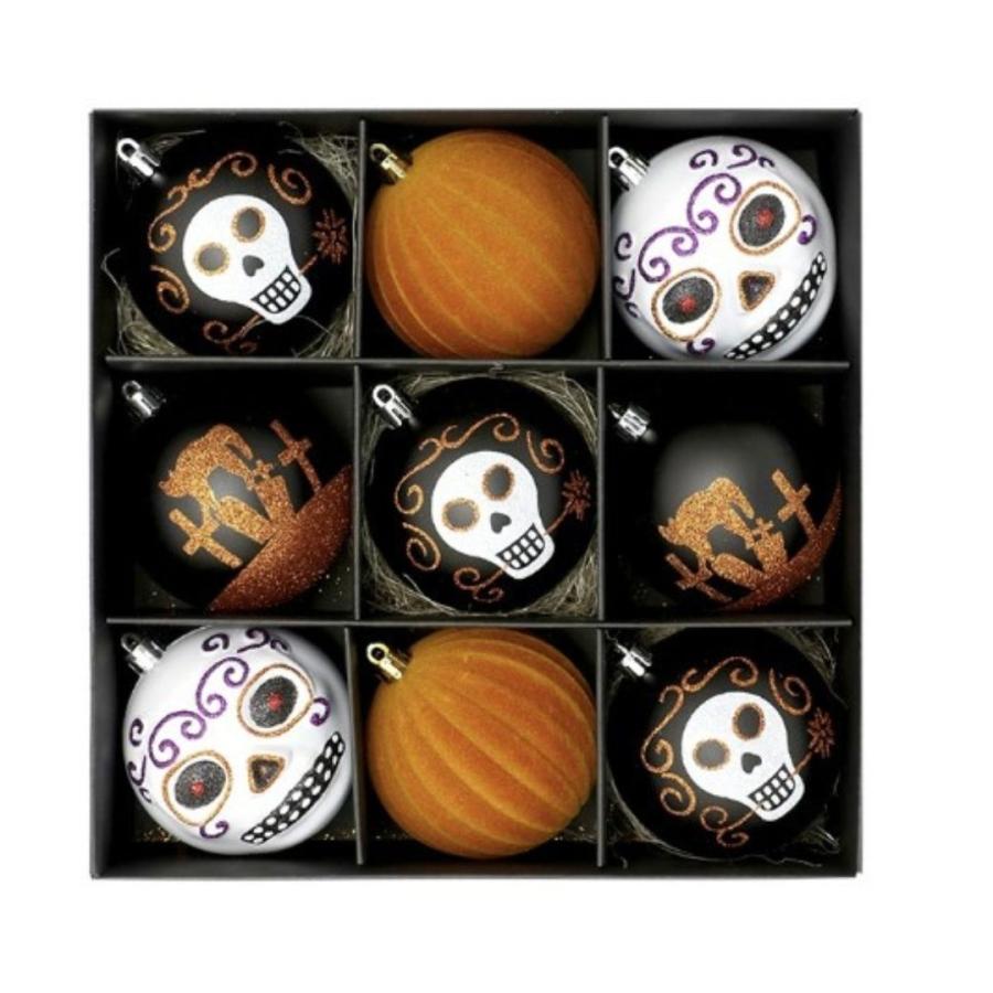 ハロウィン飾り　4点セット　8センチの大きなオーナメントボール ハロウィンオーナメント メキシカンスカル 9玉 装飾 飾り