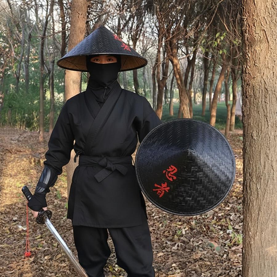 帽子 竹笠 忍黒蓮 - 忍者風 竹製 黒笠 雨よけ 撥水加工 軽量 忍 侍 笠