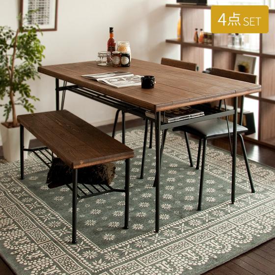 ダイニングテーブルセット 4人用 ダイニングセット 4点 ベンチ カフェテーブル 木製 おしゃれ 140cm幅 長方形 四人用 西海岸 無垢 食卓 テーブルセット エア リゾームインテリア 通販 Paypayモール