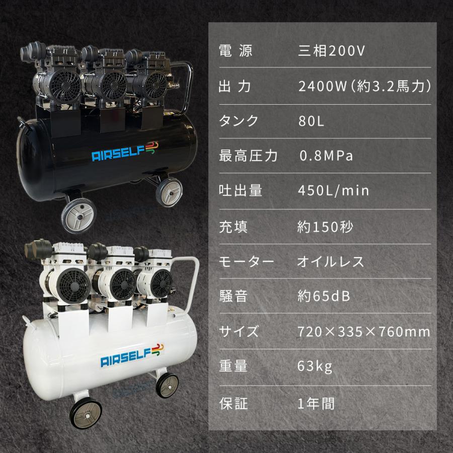 エアーコンプレッサー エアコンプレッサー 80L 三相200V 業務用 静音