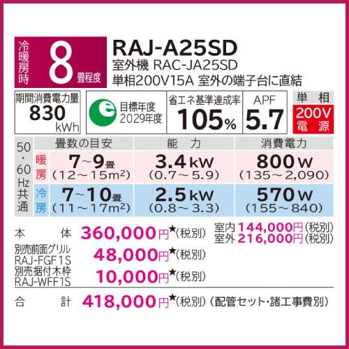 RAJ-A25SD 日立 JAシリーズ 壁埋込みタイプ 8畳程度の画像