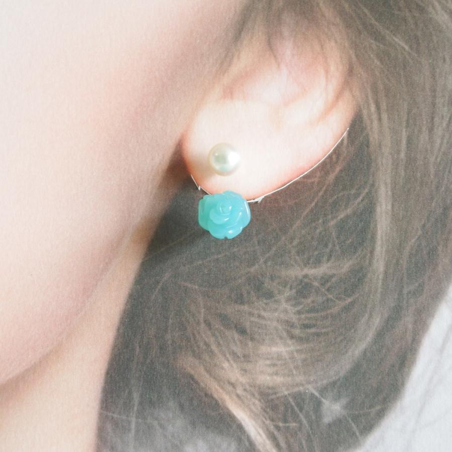 ロング ピアスキャッチ 18金 k18 シーブルーカルセドニー 薔薇