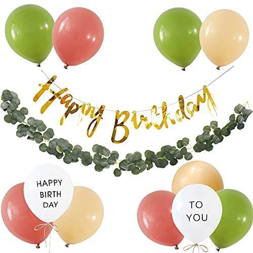 Gresatek 誕生日 バルーン 飾り付け バースデー 風船 ユーカリ ガーランド Happy Birthday ナチュラル フェイクグリーン 最安