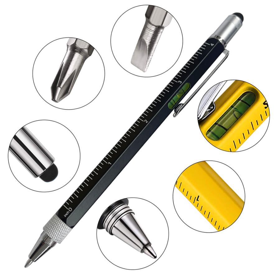 マルチツールペン タッチペン 多機能ペン 文具 ボールペン スタイラスペン スケール ドライバー ブラック イエロー | air-J | 05