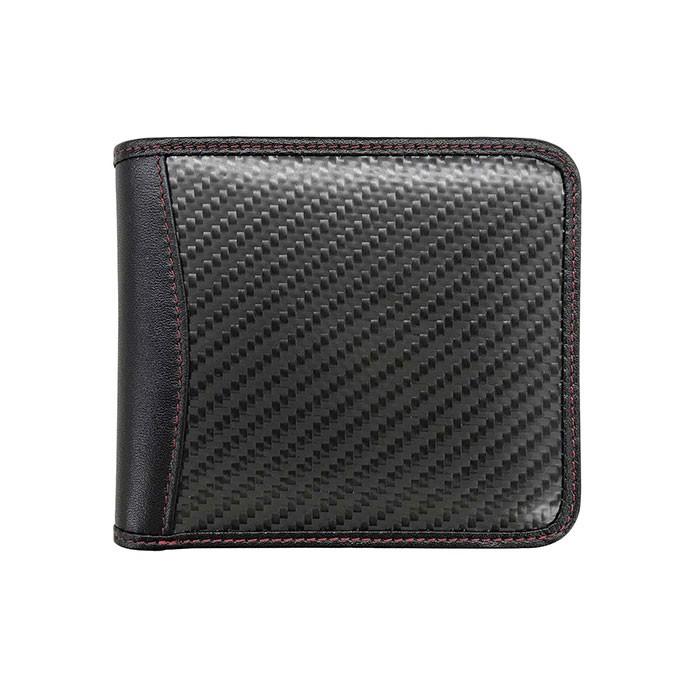 二つ折り財布 本革 メンズ ビジネス ブラック 黒 リアルカーボン