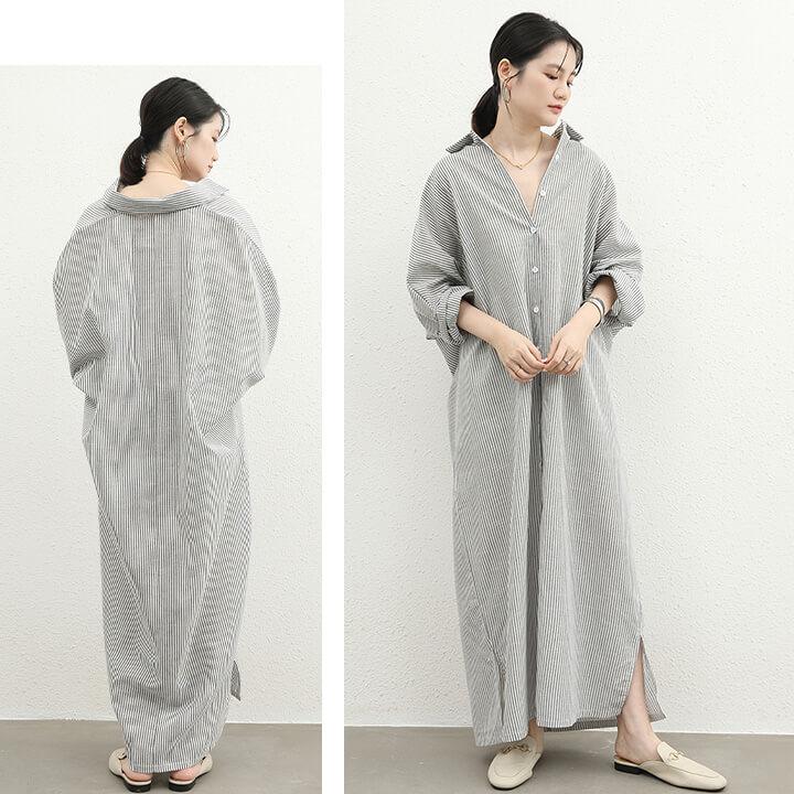 ストライプ柄 シャツワンピース ワンピース レディース ロング