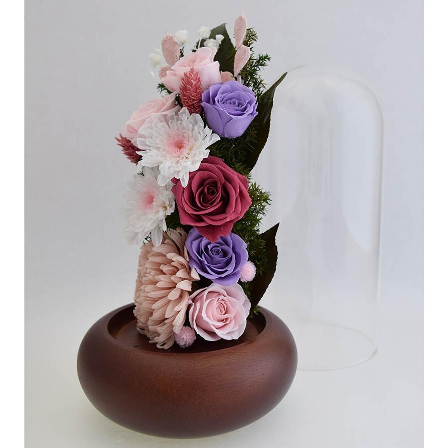 プリザーブドフラワー 仏花 ガラスドーム花器 和菊 花器付 ピンクと紫