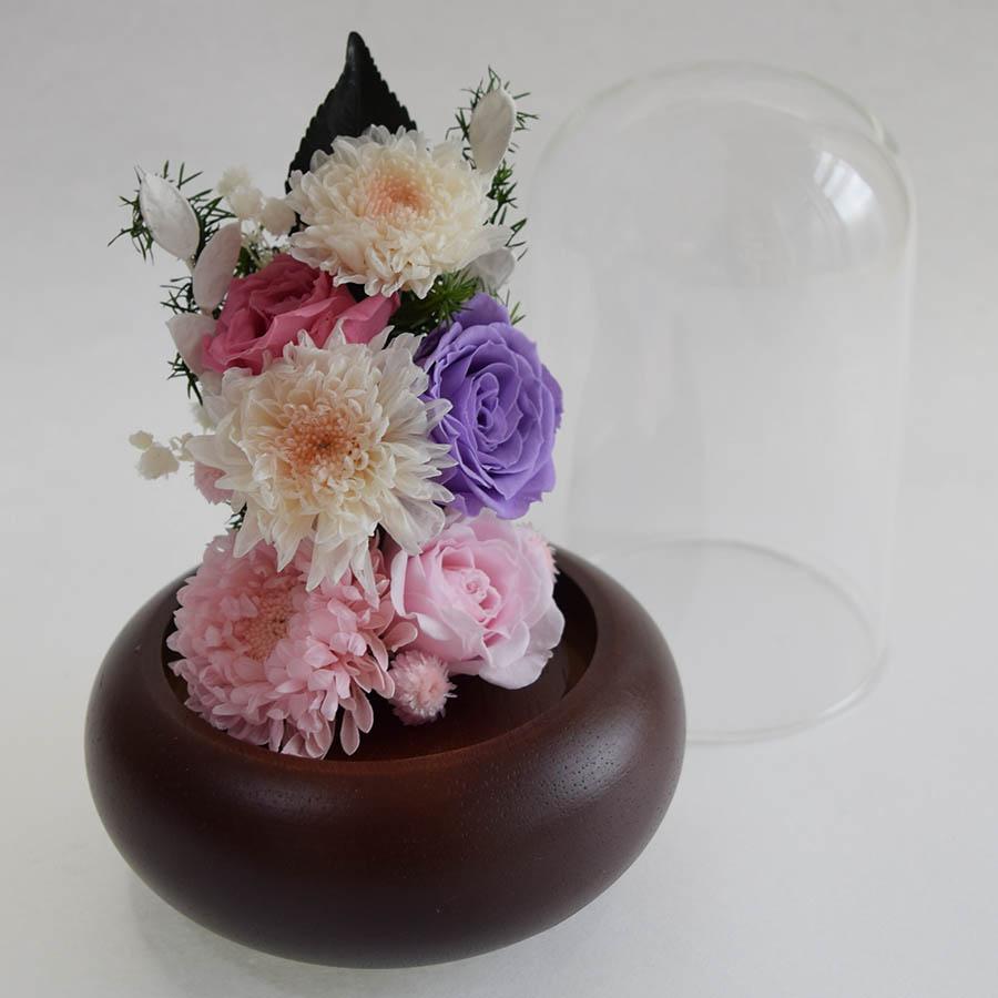 プリザーブドフラワー 仏花 ガラスドーム花器 紫 ピンク アスター